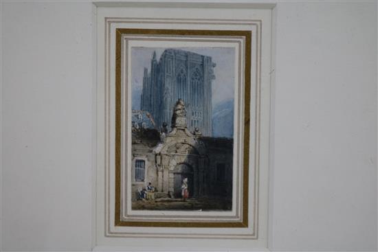 After Prout, watercolour, Street scene, a landscape by another hand and a pencil drawing Largest 5 x 9cm.